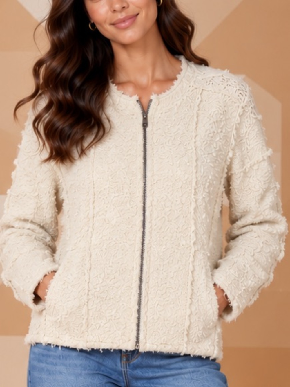 🌰MAKE OFFER🌰 Free People Cream Textured Zip-Front Teddy Cotton Jacket MED